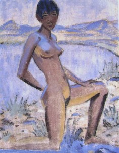 Otto Mueller: Donna in ginocchio, s.d., tecnica a olio su juta, 110 x 91 cm., Collezione privata.
